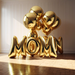 Gold balloons in the shape of the text Mom, Happy Mothers day concept, surrounded with colorful various flowers. balloons. birthday, holiday, golden and transparent sparkling festive background