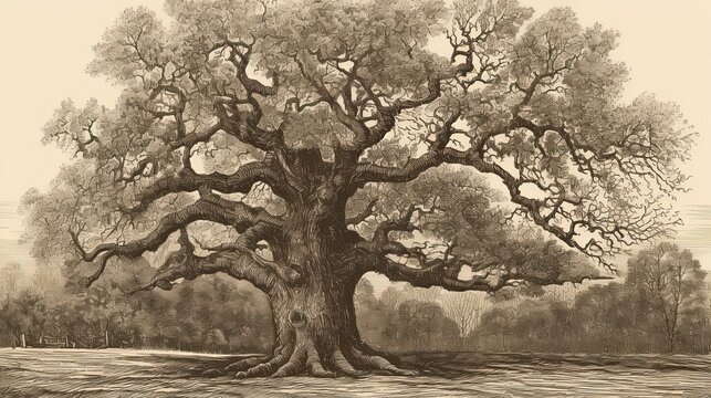 A Family Tree for Generations: A Hand-Drawn Vintage Engraving of a Branched, Leafless Oak: Generative AI
