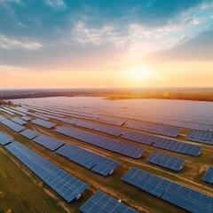 A New Resource for Sustainable Development: Aerial View of Solar Photovoltaic Panels, Wind Power Generators and Reusing Options at Sunrise, with a Cloudy Blue Sky Landscape. Generative AI