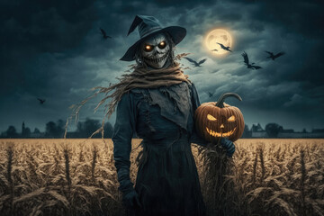 Scary scarecrow in the field. Halloween concept. Generative ai - obrazy, fototapety, plakaty