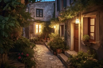 Fototapeta na wymiar A Rustic Painting of an Inviting Greek Village at Twilight: An Evening in an Old-Fashioned White Street with Glowing Lamps & Summer Flowers. Generative AI