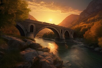 A Serene Scenic Sunset at the Mountain-Lined River Valley: Admire the Ancient Bridge and Arch over the Sky-Filled Landscape: Generative AI