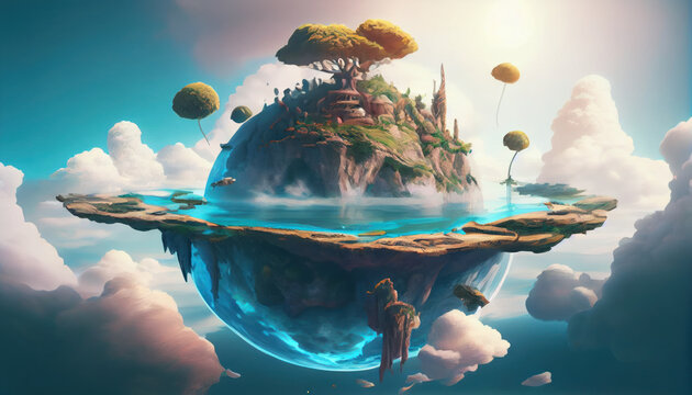 Amazing fantasy scenery with floating islands, house, field on cloudy background. AI generated