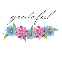 Daisy-like pink and blue flowers with text above grateful all isolated on white background.