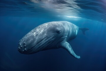 A Vibrant and Majestic Wildlife Portrait: A Stunning Blue Whale Diving Beneath Beautiful Floral Waters and Protected by Natural Light