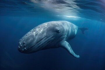 Naklejka premium A Vibrant and Majestic Wildlife Portrait: A Stunning Blue Whale Diving Beneath Beautiful Floral Waters and Protected by Natural Light