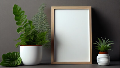Wooden vertical frame with white blank card. AI generated