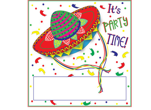 Decorated sombrero hat with confetti surrounding it.  One image has text area available at the bottom