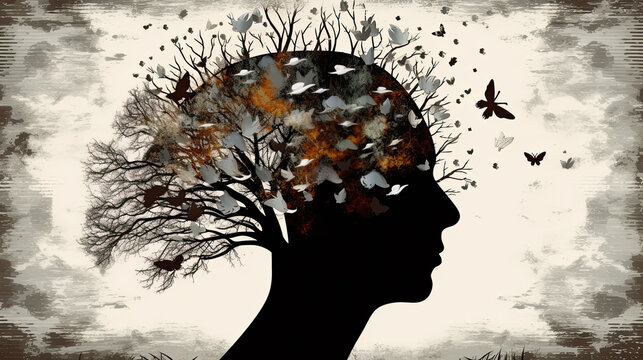 Abstrakte illustrative Darstellung einer Kopfform mit &Auml;sten, Schmetterlingen und weiteren Elementen im Sinne psychischer Gesundheit, in der Seitenansicht (Generative AI)
