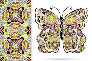 Fototapeta na wymiar Decorative butterfly and colorful doodle seamless pattern, hand drawn repeating texture. Isolated elements for textile fabric, paper print, invitation or greeting card design. Vector animal collection