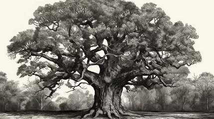 Fotobehang Ancient Oak Tree with Branches: Unique Hand-Drawn Vintage Engraving of a Growing Timber in Autumn © Serhii