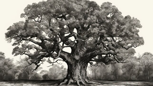 Ancient Oak Tree with Branches: Unique Hand-Drawn Vintage Engraving of a Growing Timber in Autumn, Generative AI