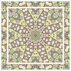  Hand drawn artistic background. Seamless pattern with ornate frame border, doodle floral ornament. Bandana shawl, tablecloth fabric print, silk neck scarf, kerchief design. Vector illustration