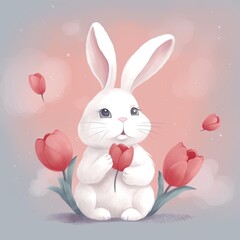 Cute Cartoon Rabbit Showing His Love on Valentine's Day with Heart and Tulips: Generative AI