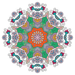 Mandala flower decoration, hand drawn round ornament, isolated design element on a white background. Vector geometric floral pattern. Tribal ethnic fashion motif for paper, textile, cloth fabric print