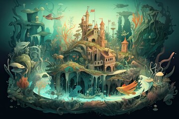 Dreamlike Journey into a Cross-Section of a Magical Forest Island with Strange Beasts and Underwater Sea Creatures. Generative AI