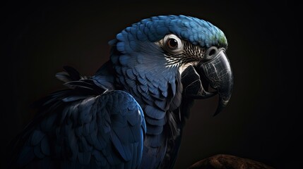 Fototapeta premium Enchanting Blue Macaw Parrot Spreads its Wings Over Wild Dark Background. Generative AI