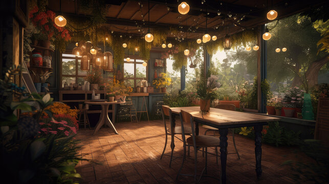 Interior of garden outdoor cafe. Generative ai