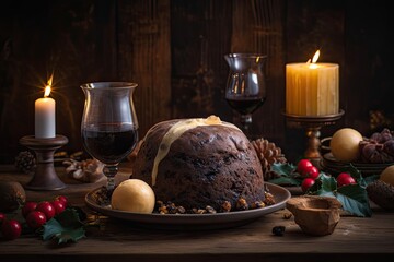 Festive Holiday Celebration: Delicious Traditional Christmas Pudding Surrounded by Candlelight, Drinks and Decorations, Generative AI