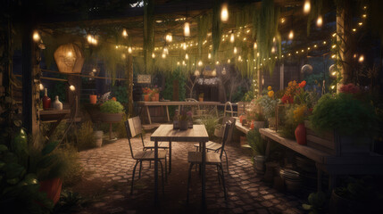 Fototapeta na wymiar Interior of garden outdoor cafe. Generative ai