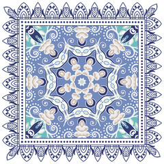 Obraz premium Decorative doodle ornament, symmetric pattern with lace frame. Tribal ethnic mandala decor. Bandana shawl, hijab, tablecloth fabric print, silk neck scarf, kerchief design. Colorful vector background