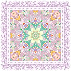Decorative doodle ornament, symmetric pattern with lace frame. Tribal ethnic mandala decor. Bandana shawl, hijab, tablecloth fabric print, silk neck scarf, kerchief design. Colorful vector background