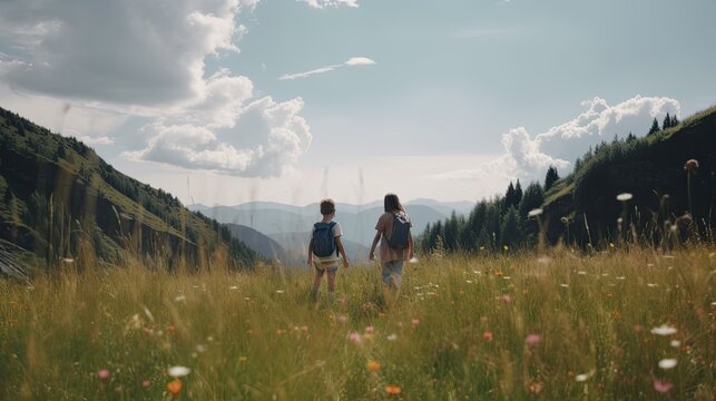 Family of Two Exploring Nature's Beauty on the Flower Meadow during Summer Hike, Generative AI