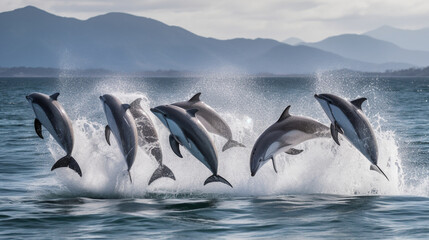 Fototapeta premium Dolphins jumping out of the ocean and making huge splash of water in the sun - Generative AI