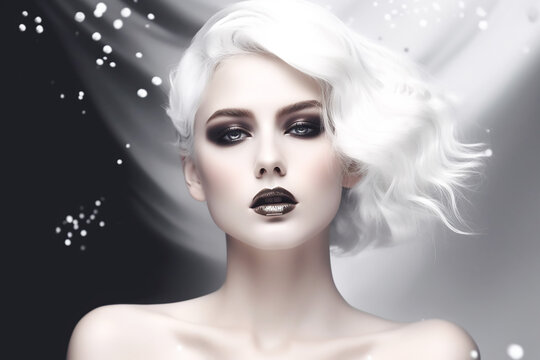 Woman with black smoky eye make up and white hair in abstract environment, fictitious person. AI generated image