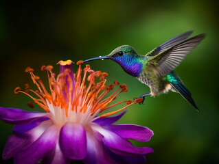 Humming bird drinking nectar from open flower, extreme close up and isolated background showing colors of green, blue and purple - Generative AI