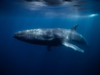 Fototapeta premium Blue whale swimming in deep dark blue ocean - Generative AI