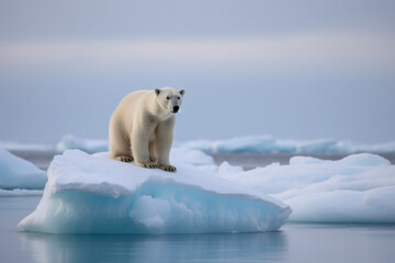 Naklejka na ściany i meble Lonely polar bear standing on singular ice shell in arctic ocean, climate change - Generative AI