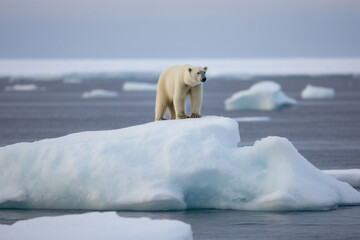 Fototapeta na wymiar Lonely polar bear standing on singular ice shell in arctic ocean, climate change - Generative AI