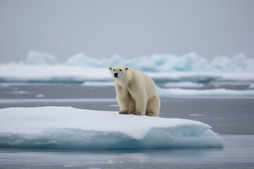Plakat Lonely polar bear standing on singular ice shell in arctic ocean, climate change - Generative AI