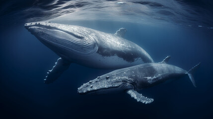 Fototapeta premium Blue whale swimming in deep dark blue ocean - Generative AI