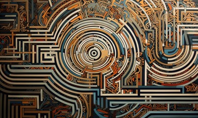  a painting of a spiral design with a lot of different colors and shapes on it's surface, with a black background and a white border around the edges.  generative ai