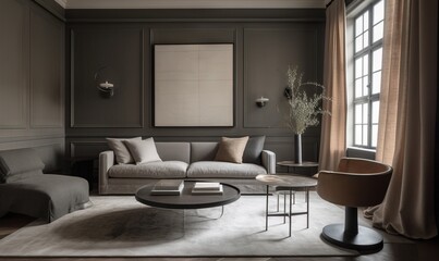 Fototapeta premium a living room with a couch, chair, table, and a painting on the wall in the corner of the room with a large window. generative ai