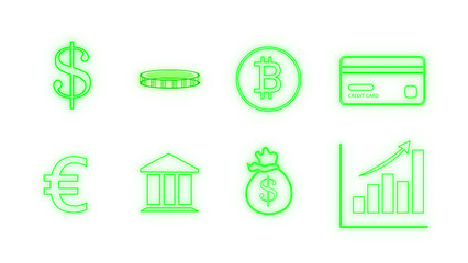 transparent vectorial finance and money led neon outline icons set green euro, dollar, banks, graphs, bag symbols