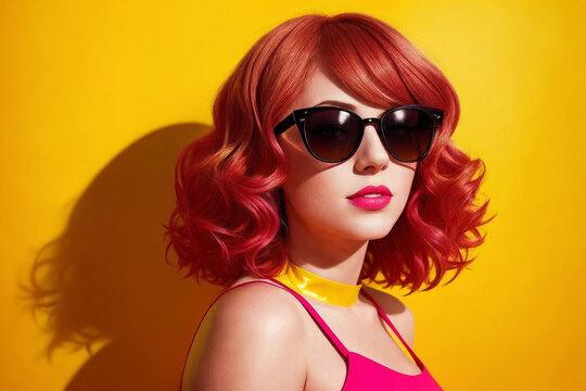 Portrait of a woman with red hair and sunglasses on abstract painted wall background. Generative AI.