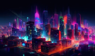 Obraz premium a futuristic cityscape with neon lights and skyscrapers in the background, with a dark sky and a neon glow of the city. generative ai