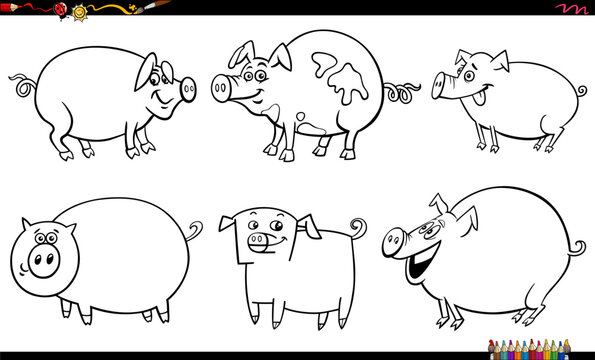 cartoon pigs farm animal characters set coloring page