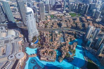UAE, Dubai panoramic skyline view from Burj Khalifa of city downtown and Dubai Mall.