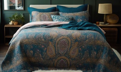  a bed with a blue and gold comforter and a white rug on top of a wooden floor next to a lamp and a window.  generative ai