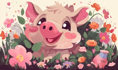  a cartoon pig laying in a field of flowers and flowers with a pig in the grass with flowers around it and a pig in the grass.  generative ai