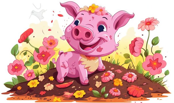  a pink pig sitting in the middle of a field of flowers and flowers with a bird in the background of the picture and a bird in the sky.  generative ai