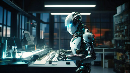 The robot in the industrial office, with a lights and blue lights