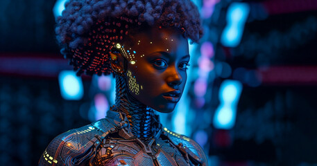 Young woman of African American origin wearing futuristic armour, futuristic neon world. Armed forces women, Generative AI.