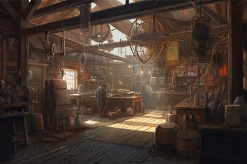 Fototapeta na wymiar Painting of an old-fashioned leather goods workshop depicting a timeworn space filled with materials and equipment of a bygone era. generative ai illustration