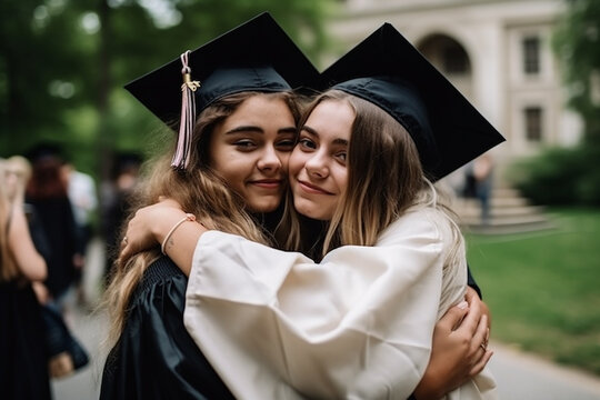 Melhores amigas posando e se abra&ccedil;ando ap&oacute;s a formatura