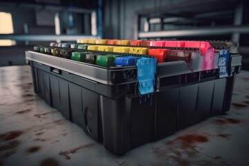 Used laser printer cartridges in recycling bin, 3D rendering. Generative AI